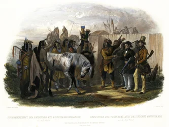 Die Reisenden treffen Minatarre-Indianer in der Nähe von Fort Clark, Platte 26 aus Band 1 von 